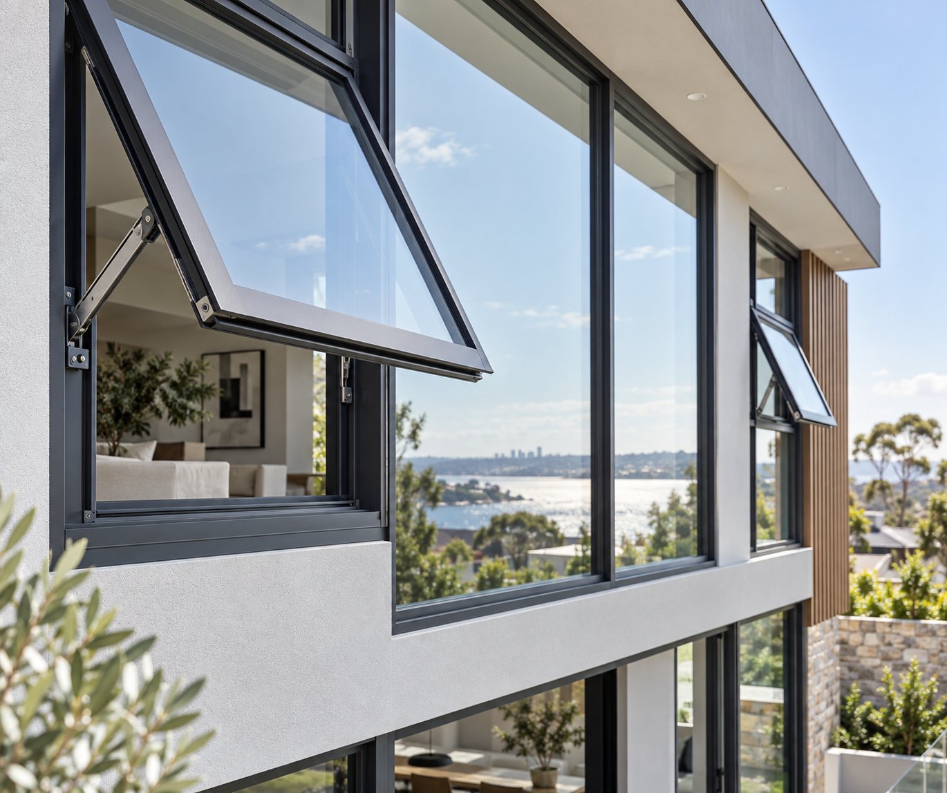 thermally broken aluminium window frames with slim sightlines and powder coated finish on a contemporary australian residence