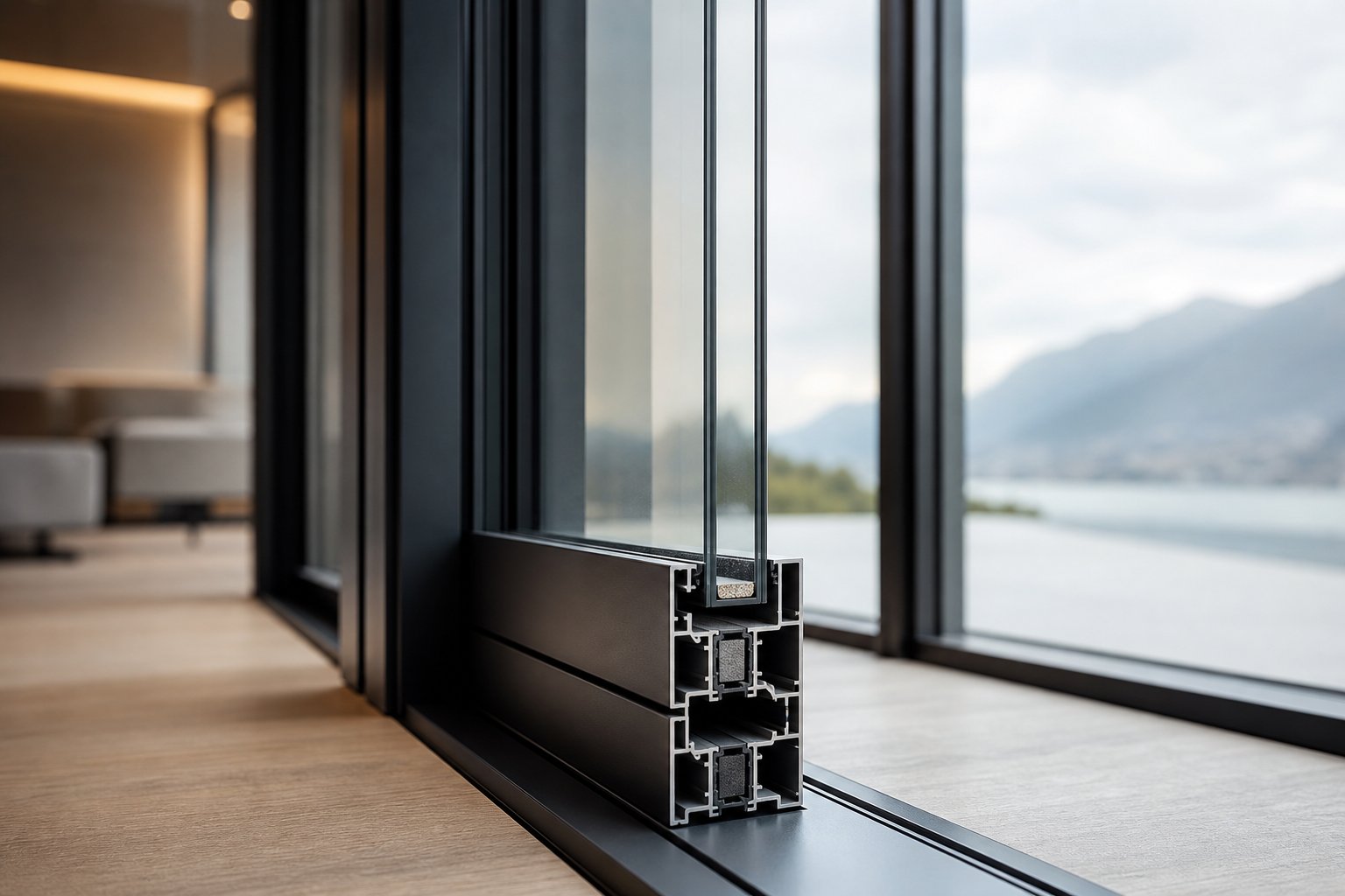 thermally broken aluminium window profile demonstrating slim sightlines and premium double glazing integration