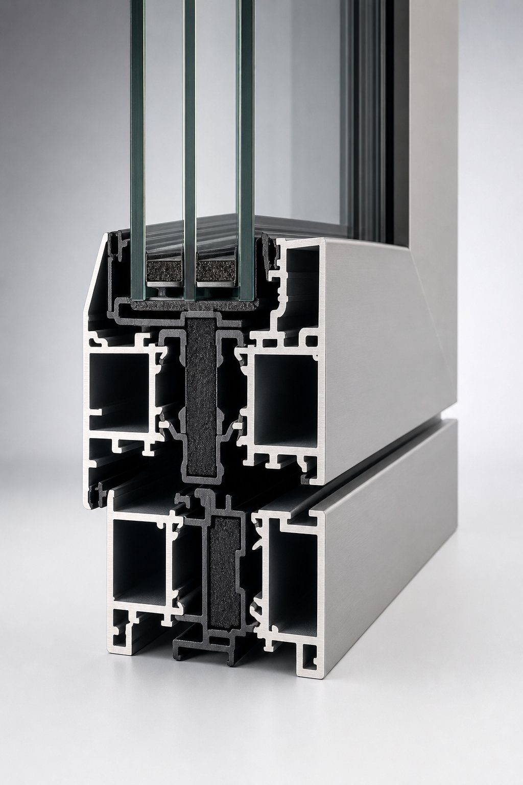 thermally broken aluminium window profile showing the insulating barrier that separates inner and outer frame sections