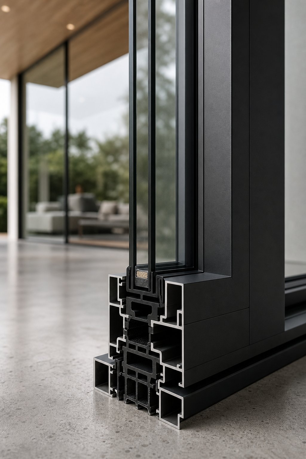 thermally broken aluminium window profile with slim sight lines demonstrating premium specification quality