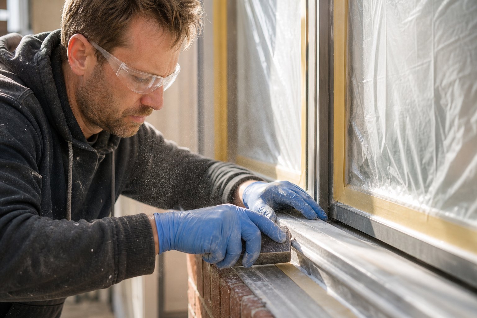 thorough sanding and masking of glass are critical preparation steps before spray painting aluminium window frames
