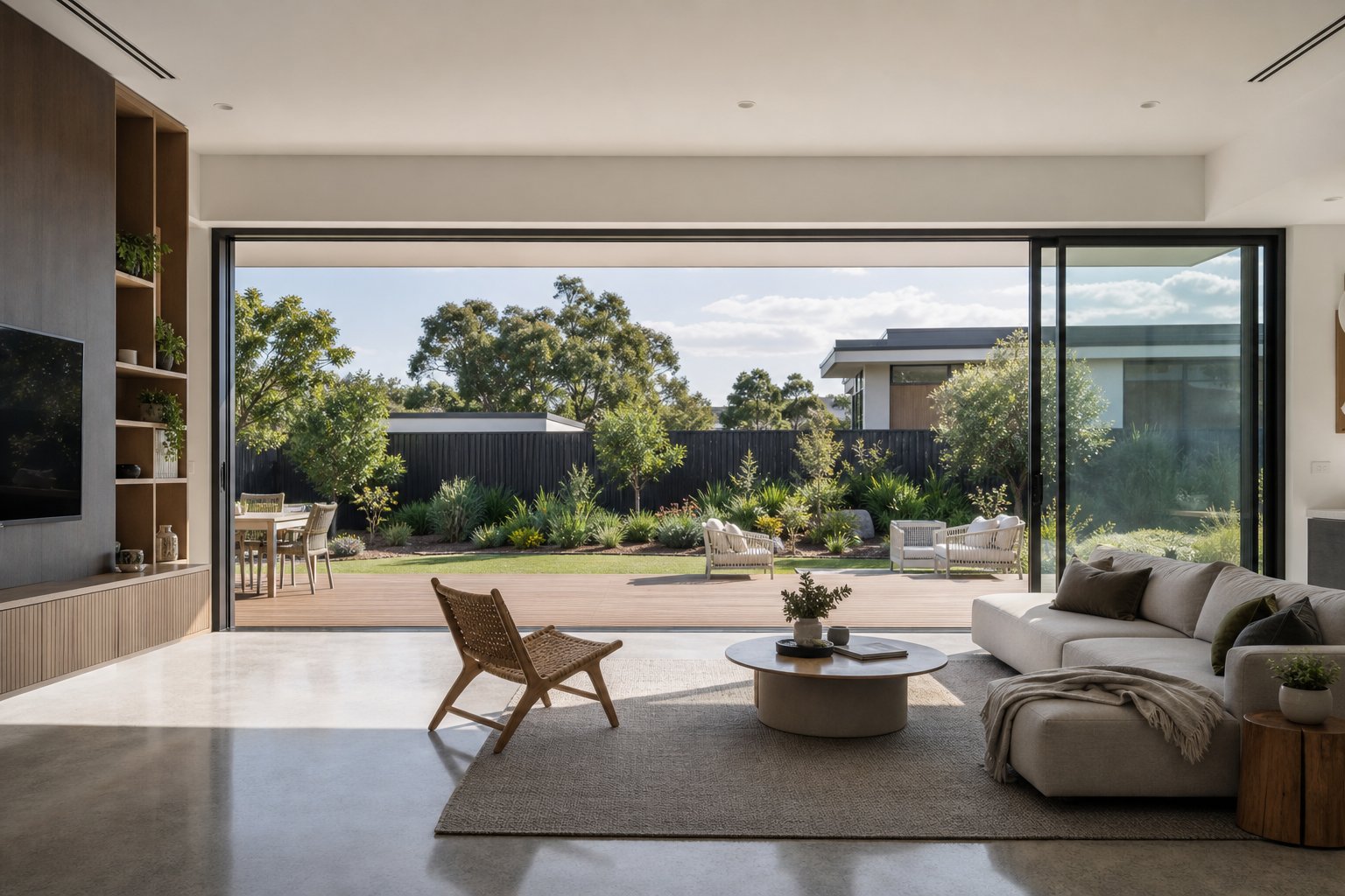 three panel aluminium sliding window configuration connecting an open plan living area to an outdoor deck