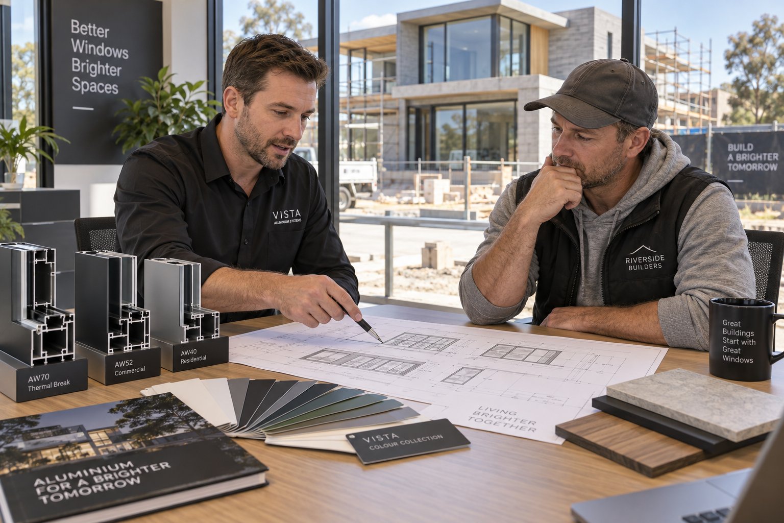 trade buyers reviewing aluminium window specifications and samples with a project capable wholesale supplier