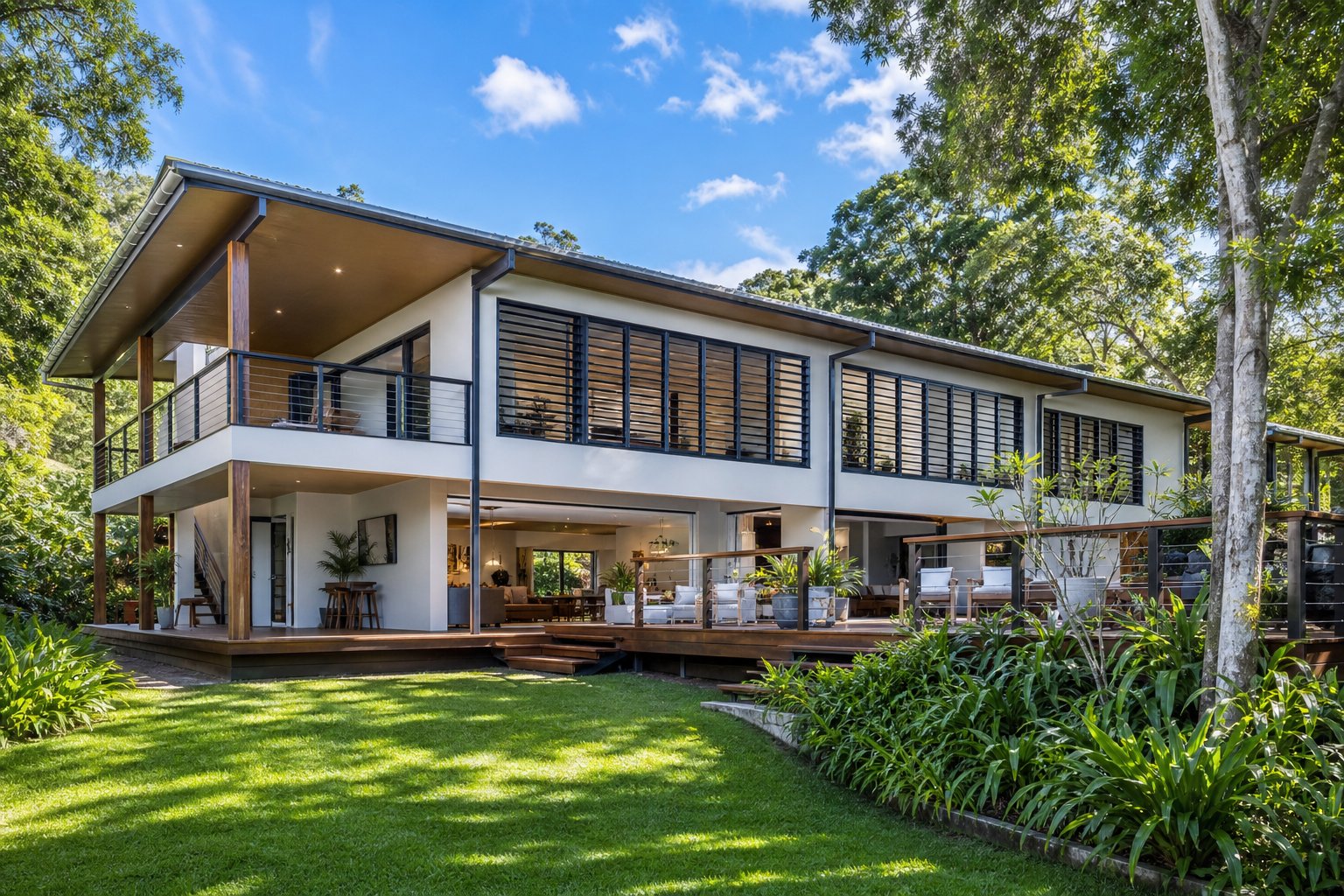 tropical australian home designed with aluminium louvre window banks to harness natural cross ventilation in warm humid climates