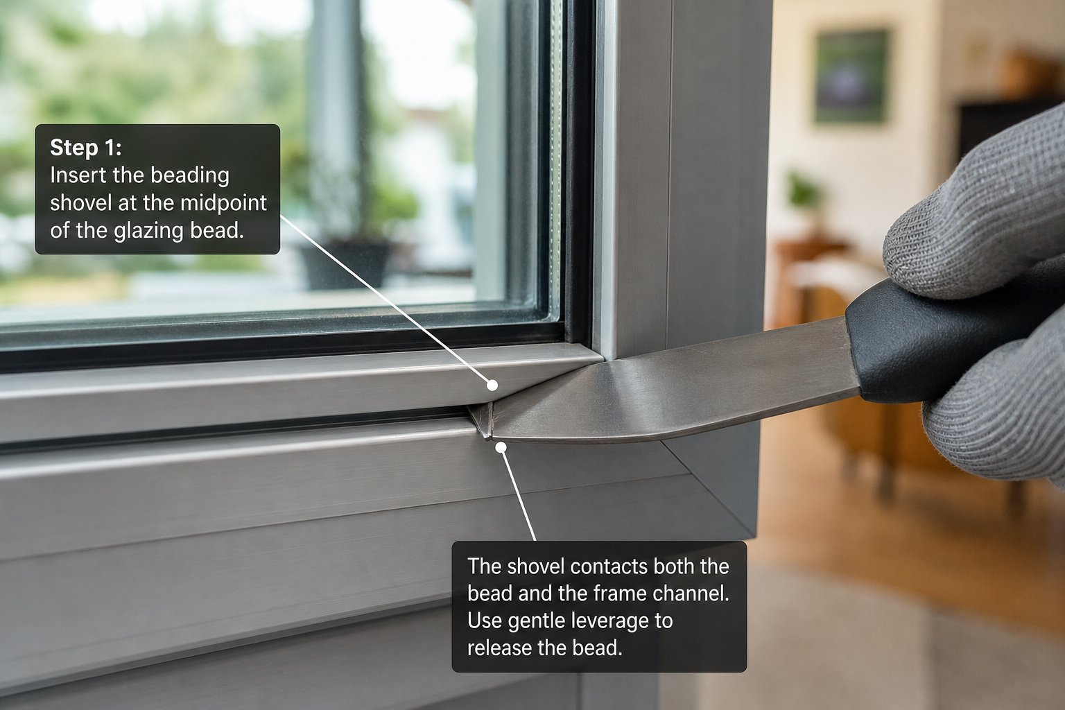 using a beading shovel at the midpoint of the aluminium glazing bead to release clips without damaging the frame