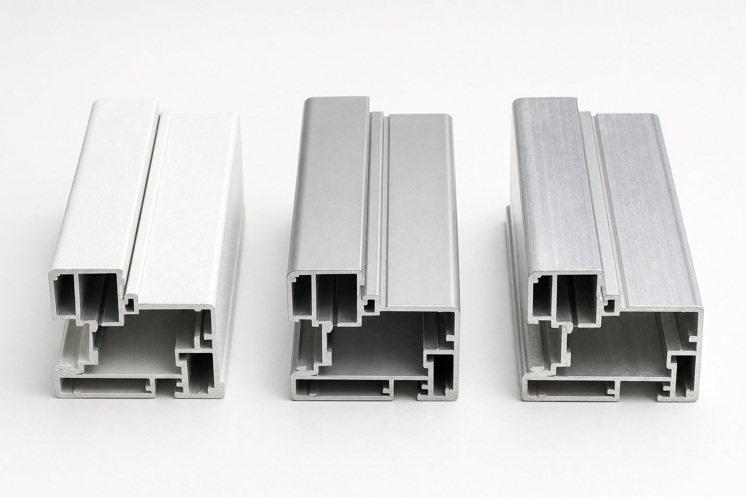 visual comparison of powder coated anodised and bare aluminium finishes showing their distinct surface characteristics
