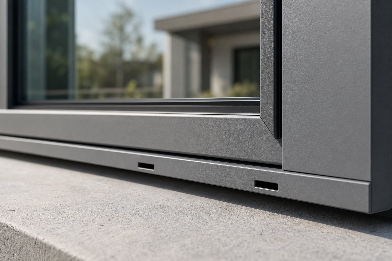 weep holes on the exterior bottom rail allow collected water to drain safely from inside the aluminium frame