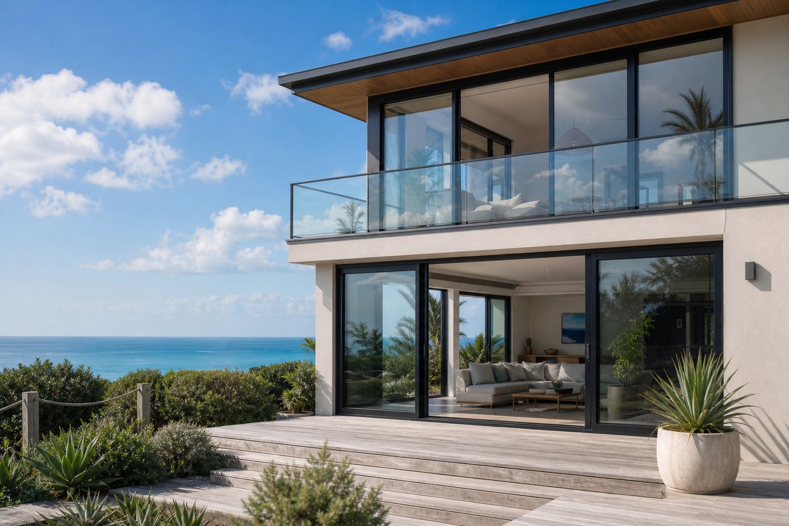 well maintained black aluminium sliding doors on a coastal australian home demonstrating long term powder coating durability