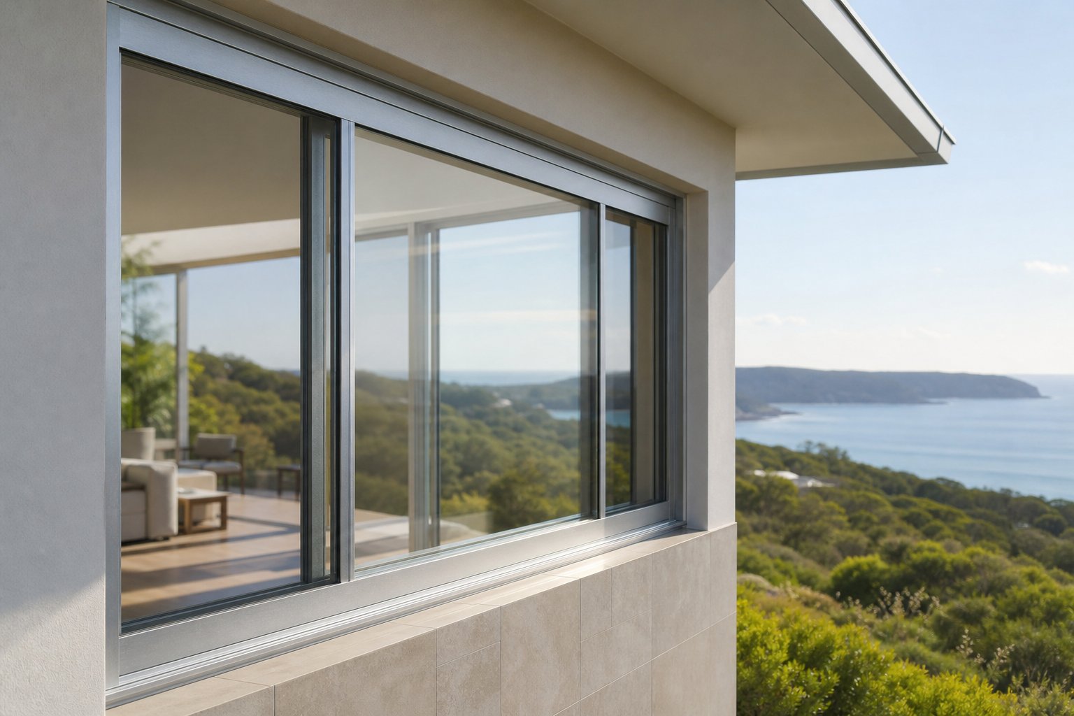 well maintained brushed aluminium window frame showing graceful natural patina in a coastal australian setting