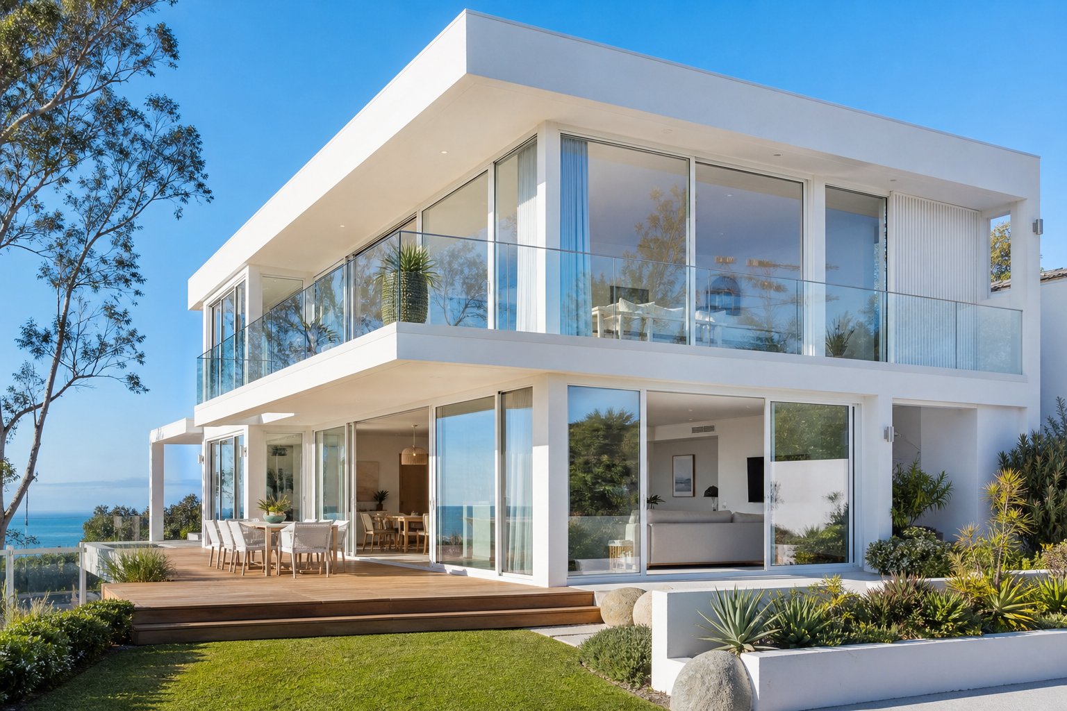 white powder coated aluminium windows on a modern coastal australian home demonstrating condensation free performance