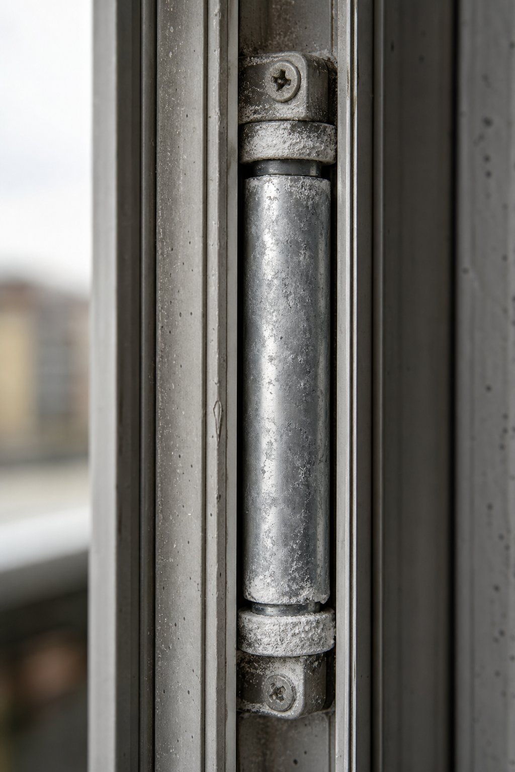 white powdery oxidation around a spiral balance tube in an aluminium jamb channel indicates galvanic corrosion between steel and aluminium