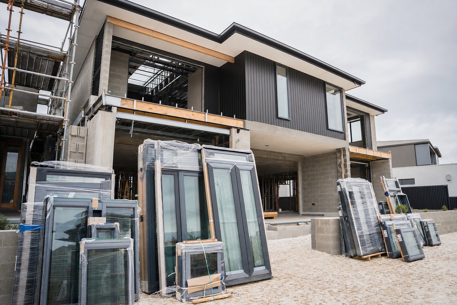 whole house aluminium window and door package staged for installation on an australian building site