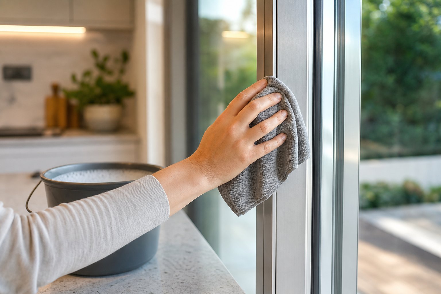 wiping aluminium window frames with a soft microfibre cloth and warm soapy water for safe routine maintenance