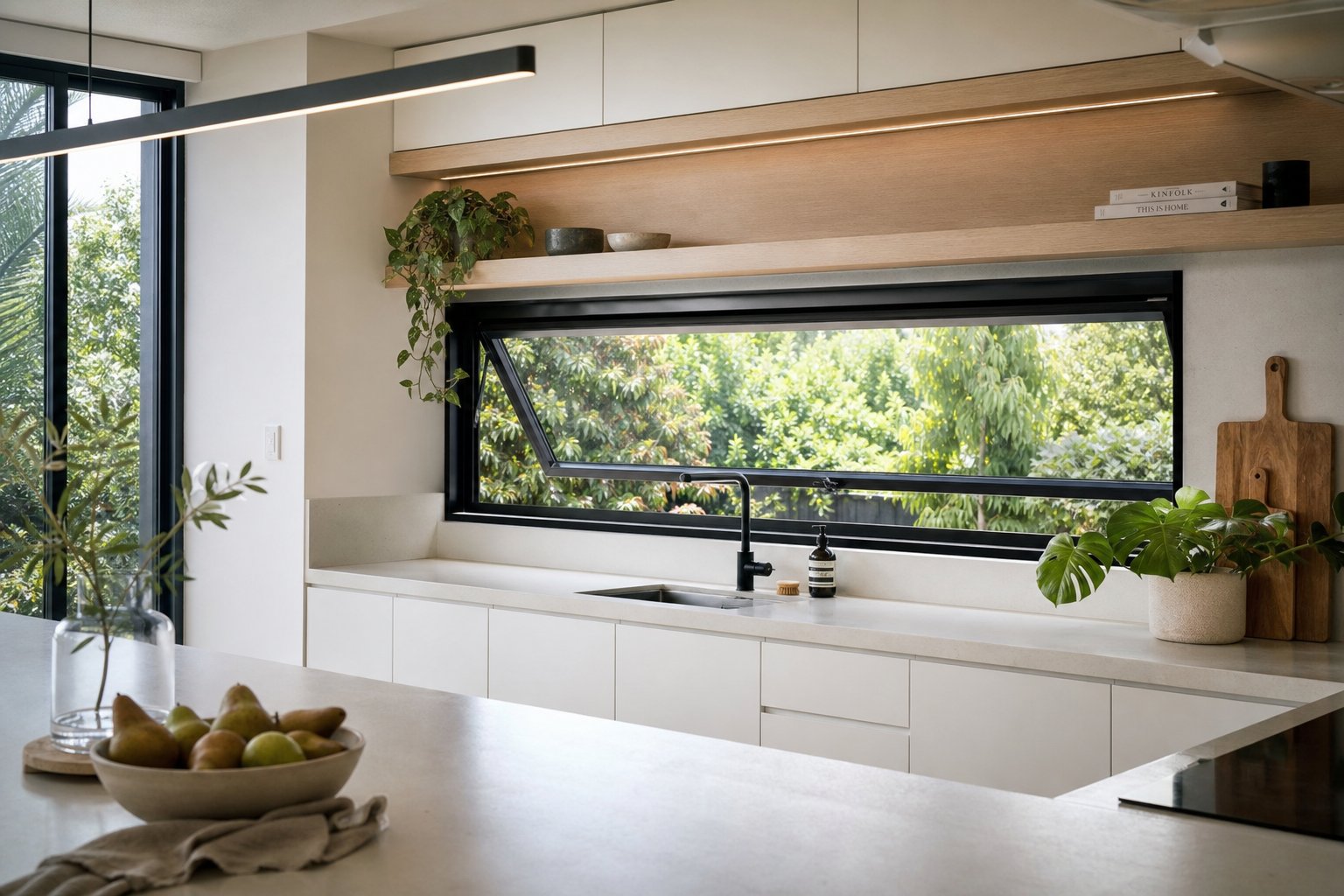 aluminium awning window above a kitchen benchtop providing ventilation while keeping rain out