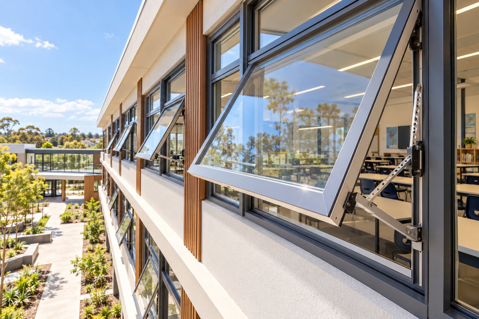 aluminium awning windows with restricted openings on a modern school building designed for daylighting and safety