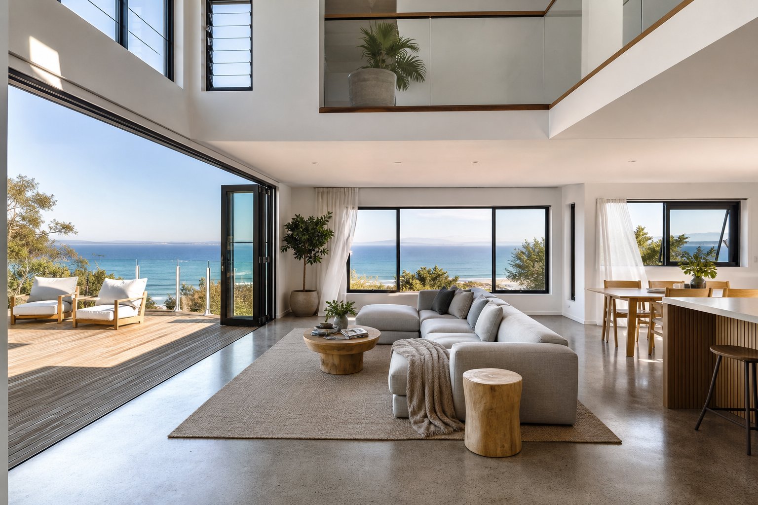 aluminium bifold and sliding windows creating seamless indoor outdoor flow in a coastal wollongong living space
