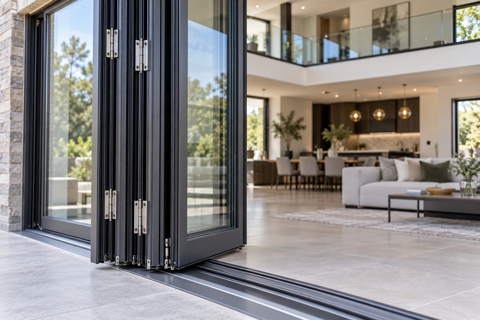 aluminium bifold window panels folding and stacking via the hinge and track system