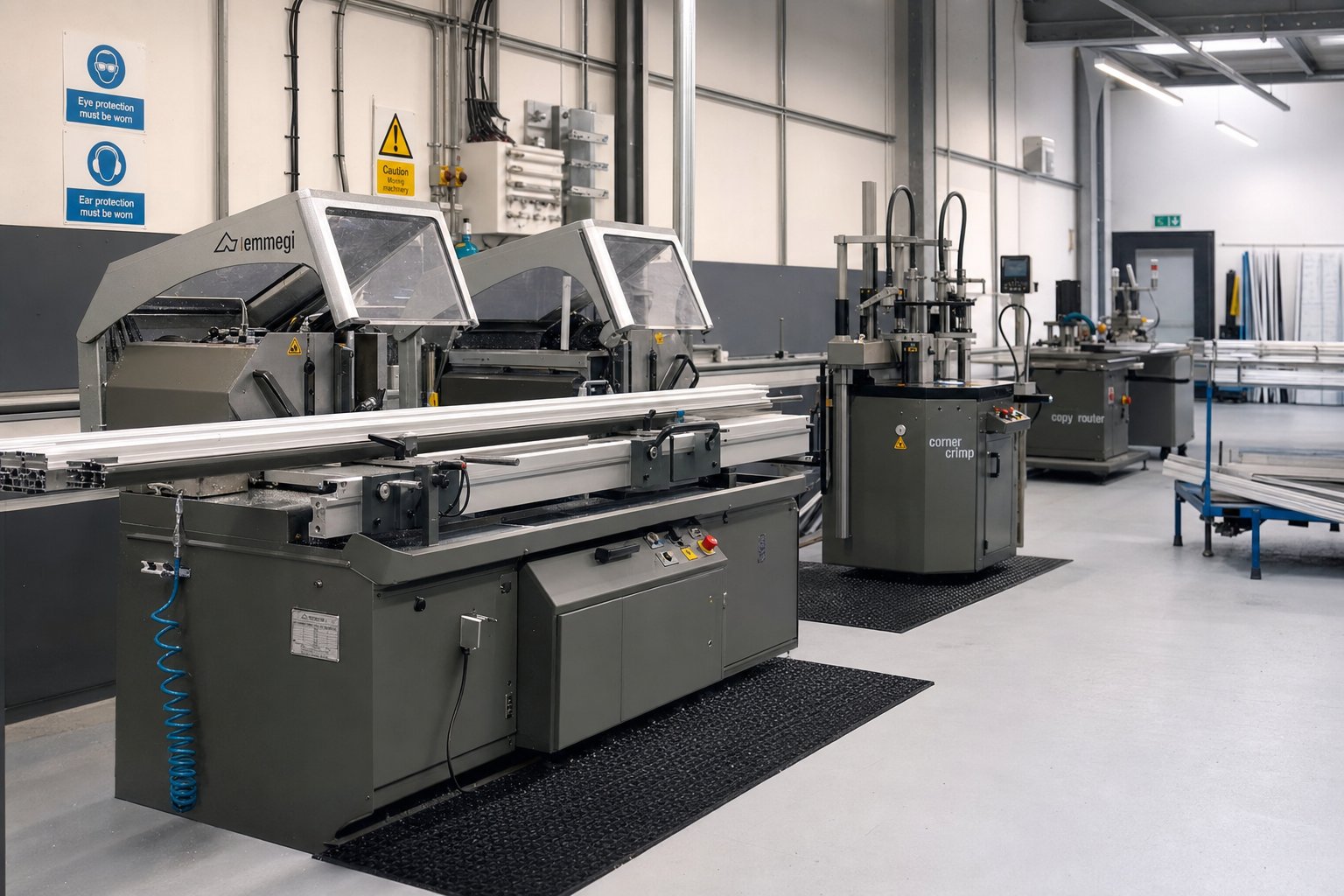 aluminium fabrication workshop layout with cutting saw crimping machine and routing equipment in production sequence