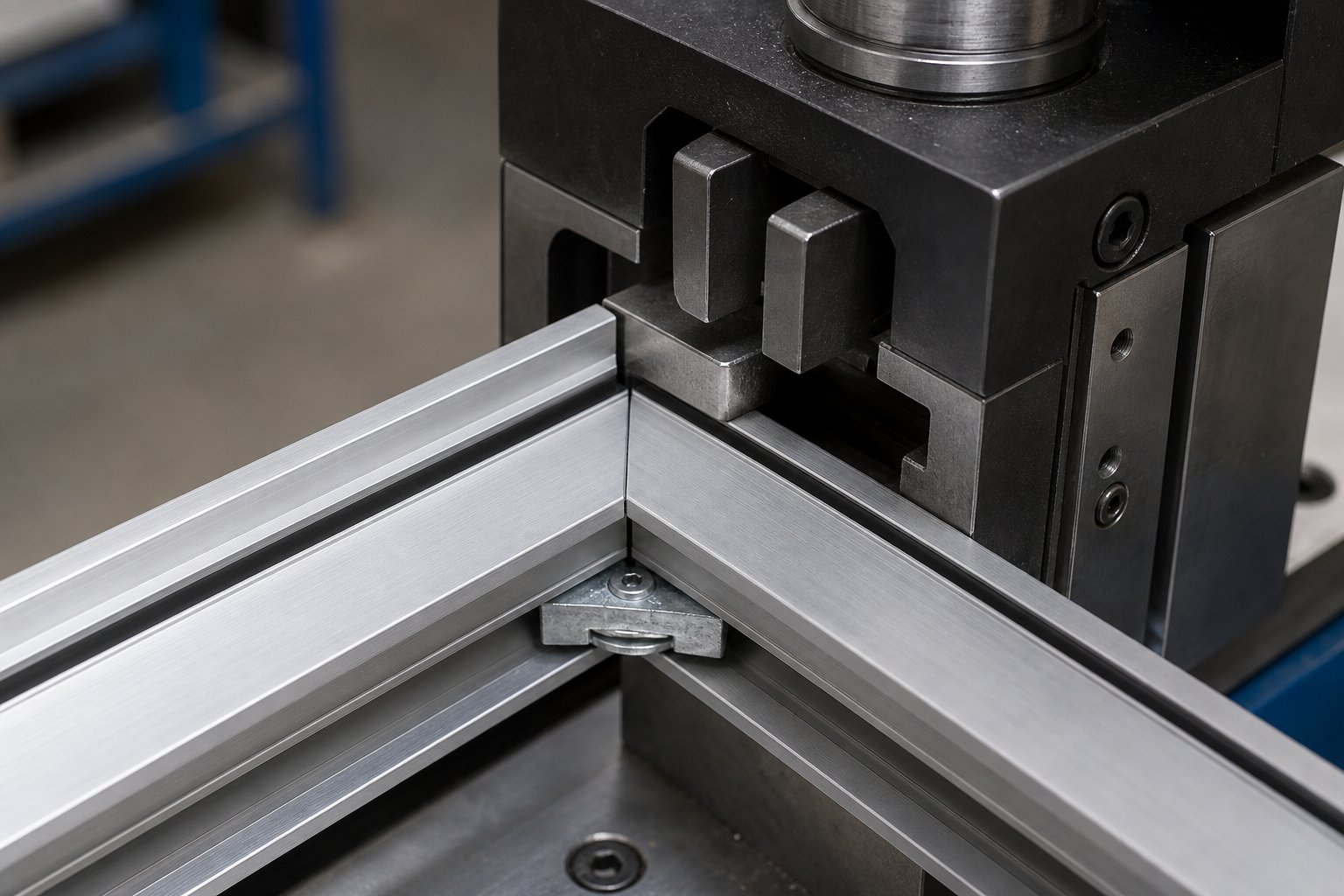 aluminium frame corner assembly showing mitred profiles aligned on a corner cleat before hydraulic crimping