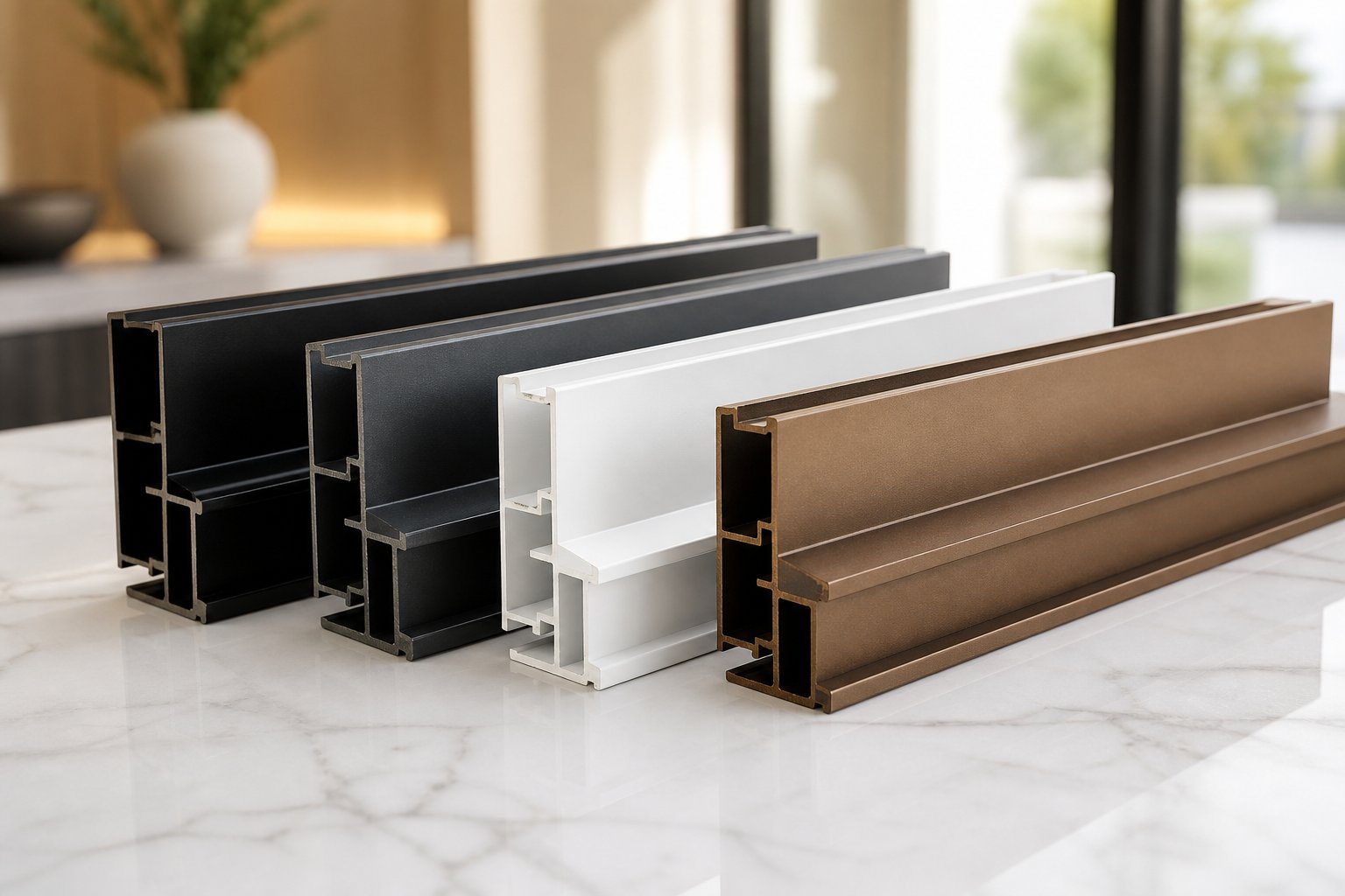 aluminium window frame samples showcasing powder coated and anodised finish options in various colours