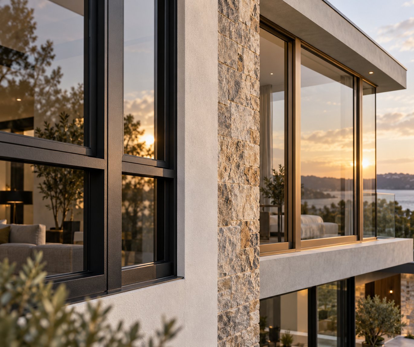 aluminium window frames in matt black powder coat and bronze anodised finishes on a modern facade
