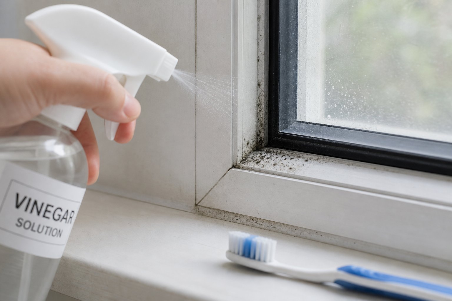 applying a diluted vinegar spray to mould growth on a powder coated aluminium window frame for safe and effective removal