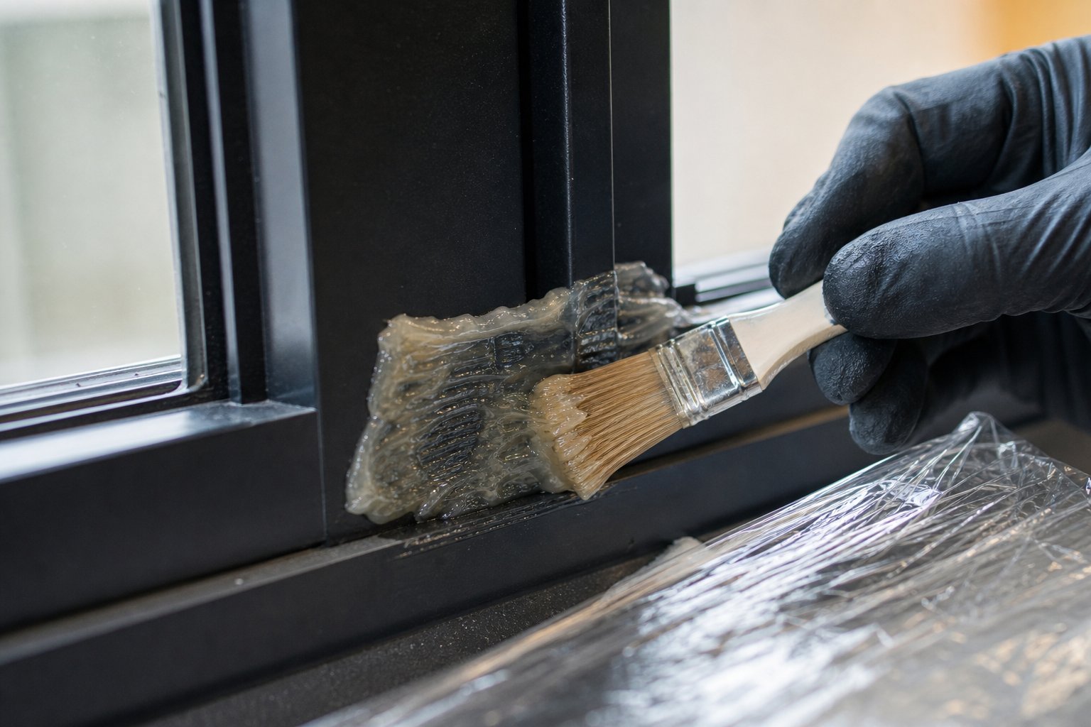 applying gel paint stripper with the poultice technique keeps the product moist for effective removal on cured paint