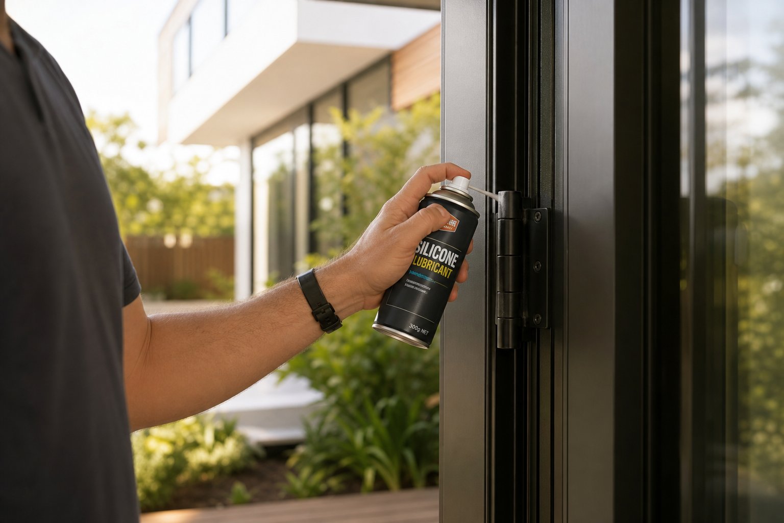 applying silicone lubricant to aluminium door hinges as part of a regular maintenance routine
