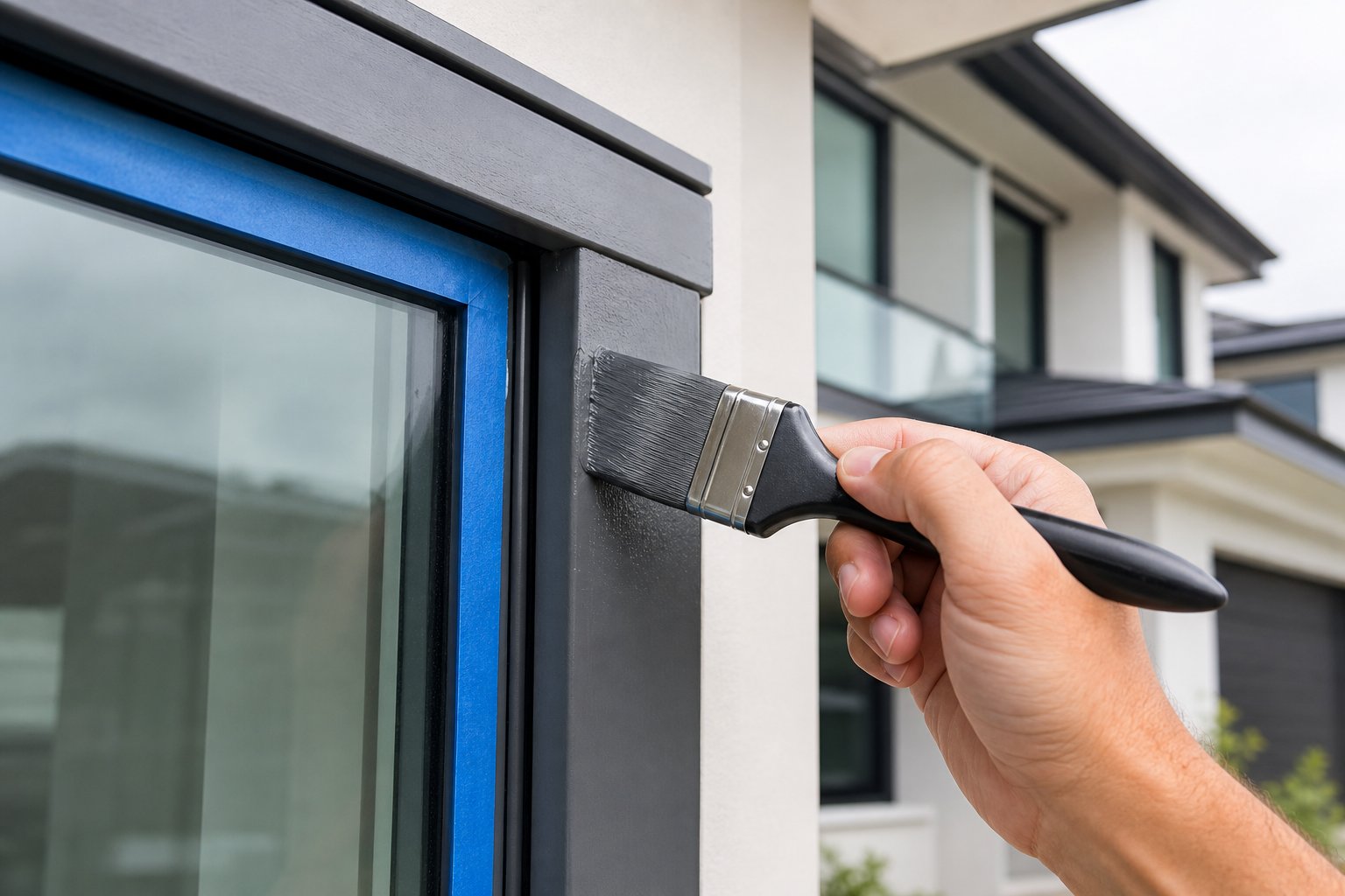 applying the first thin topcoat to a primed aluminium window frame using an angled brush for precise coverage around glass edges