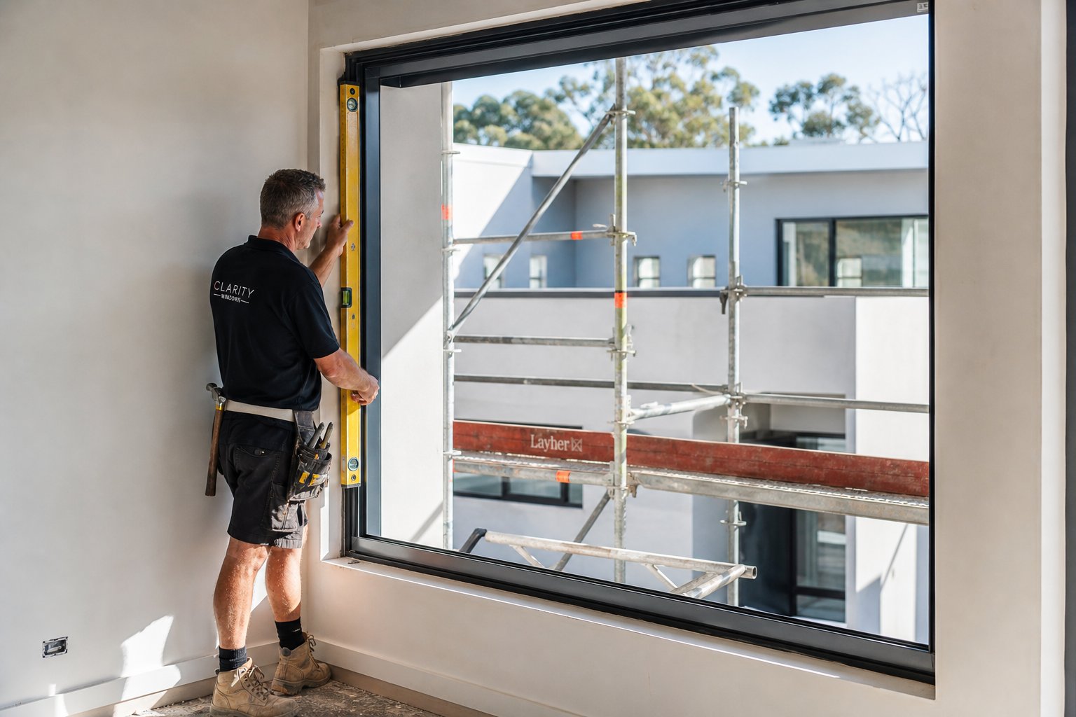 checking plumb and level during aluminium window frame installation