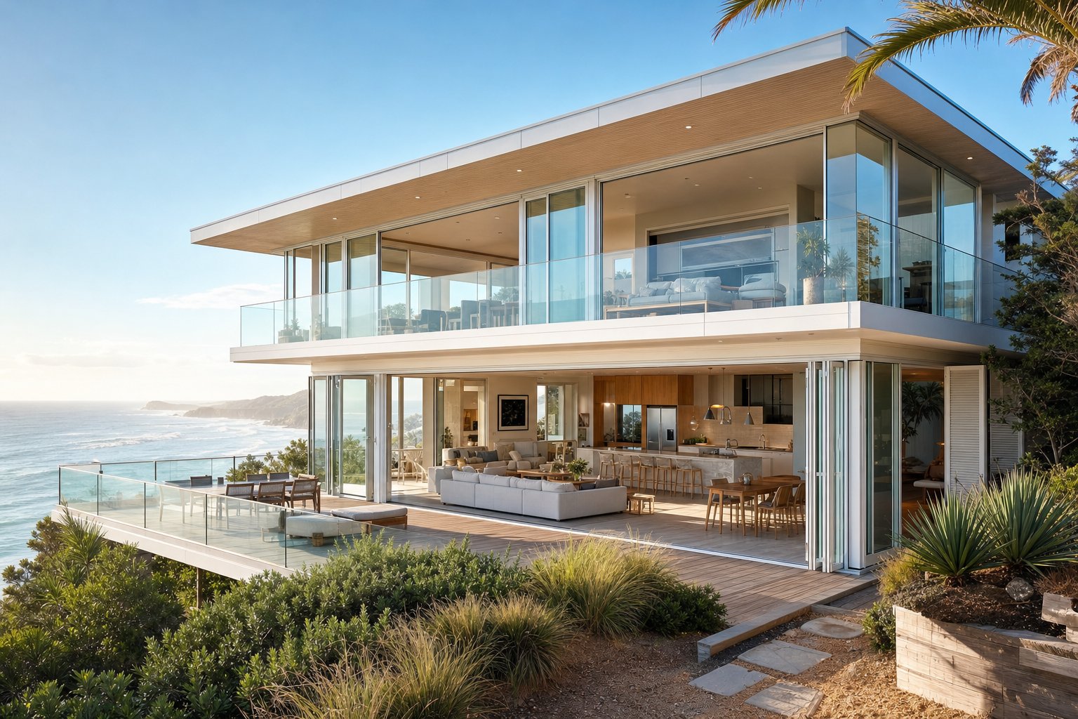 coastal australian home with marine grade aluminium windows designed to withstand salt air and harsh weather exposure
