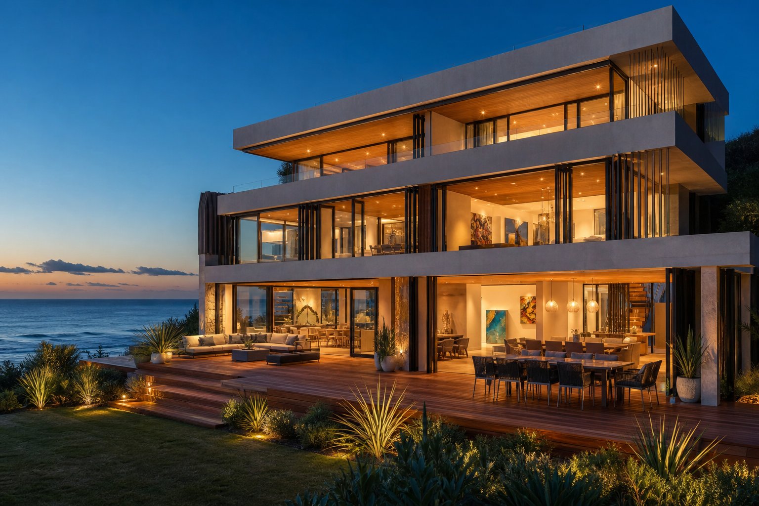 coastal australian home with open black aluminium sliding panels creating seamless indoor outdoor living suited to the local climate