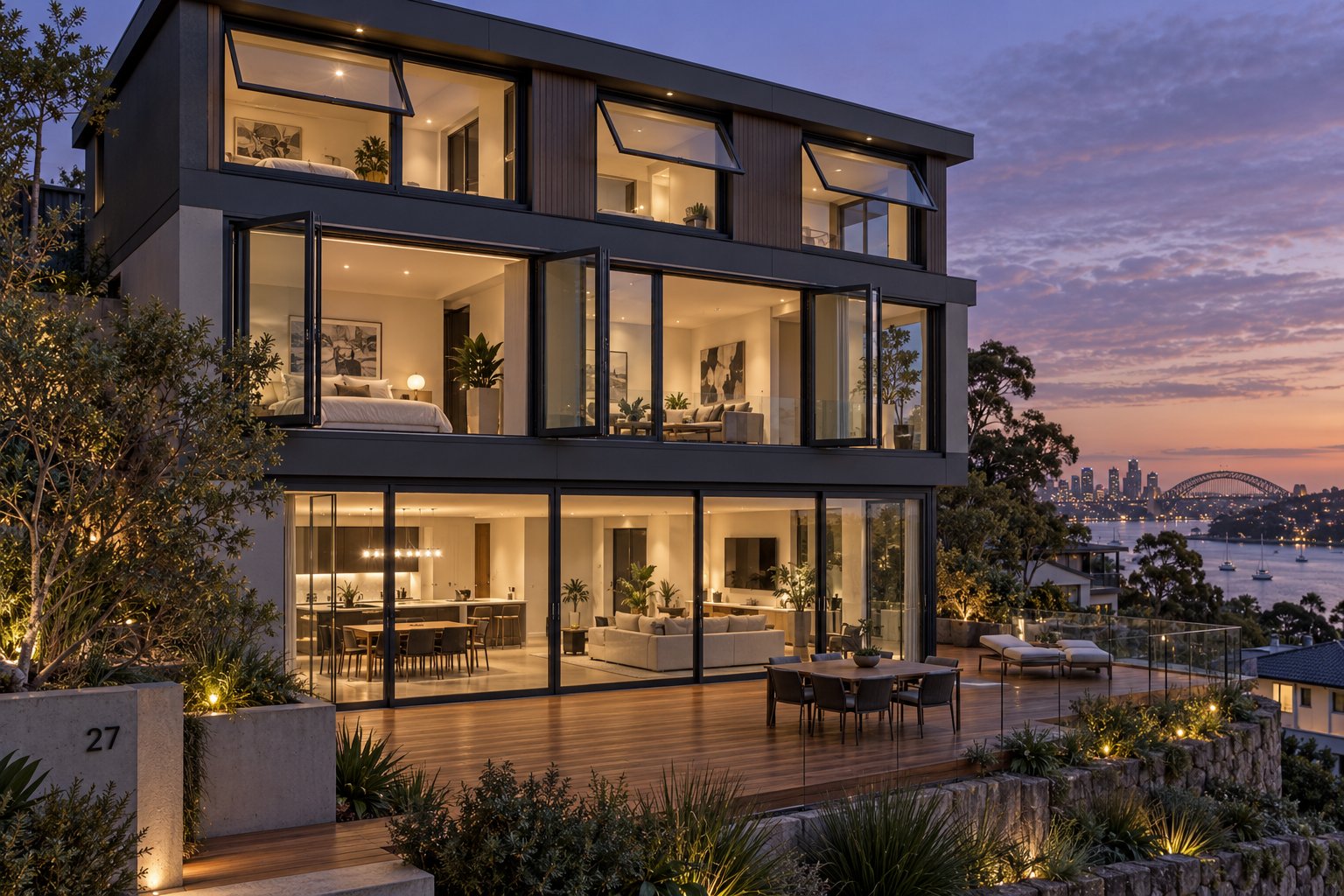 contemporary home facade featuring awning casement and sliding window types in aluminium frames