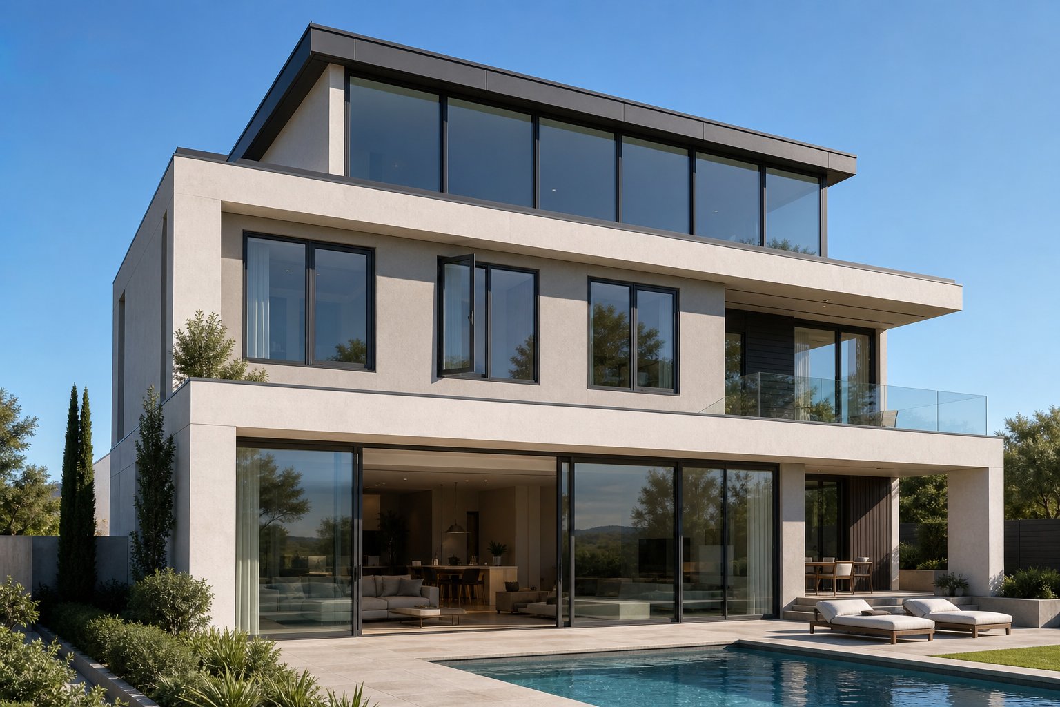 contemporary residence featuring multiple aluminium window styles including sliding casement and fixed panels across three levels