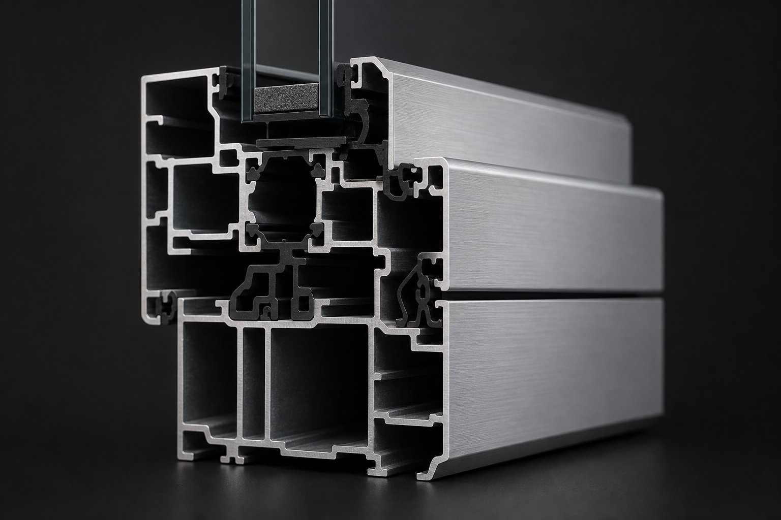 cross section of a multi chamber aluminium window extrusion showing complex profile geometry