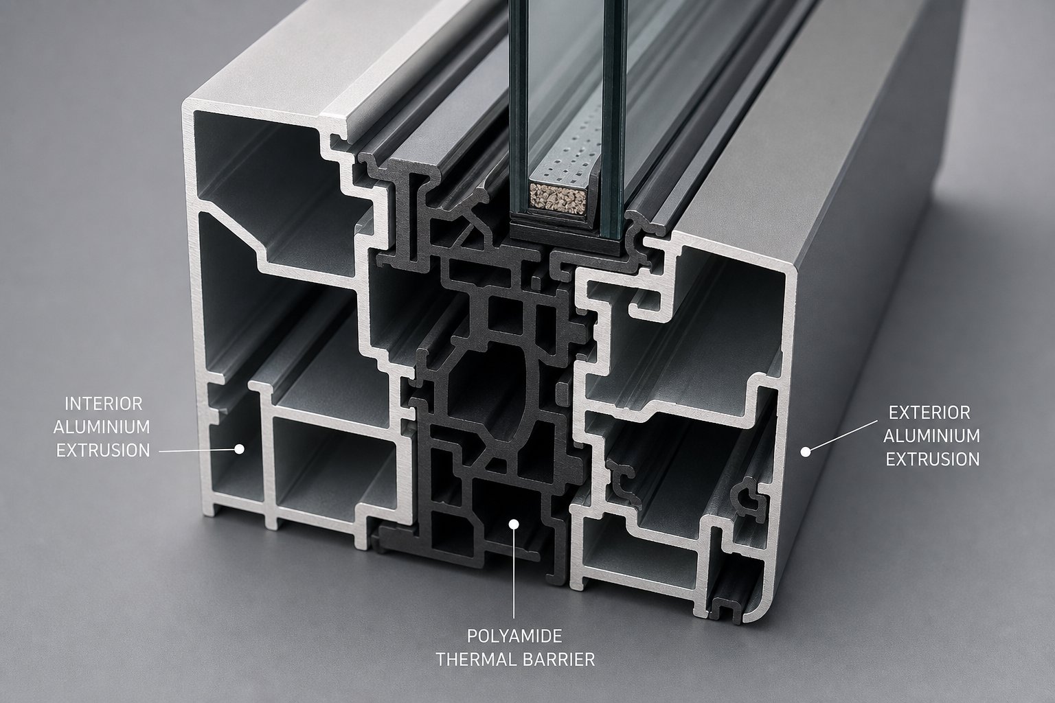 cross section of a thermally broken aluminium frame showing the polyamide barrier separating interior and exterior profiles