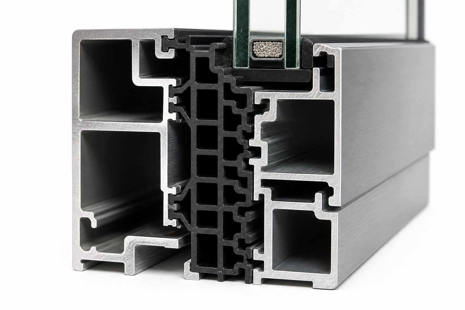 cross section of a thermally broken aluminium frame showing the polyamide insulating barrier between inner and outer sections