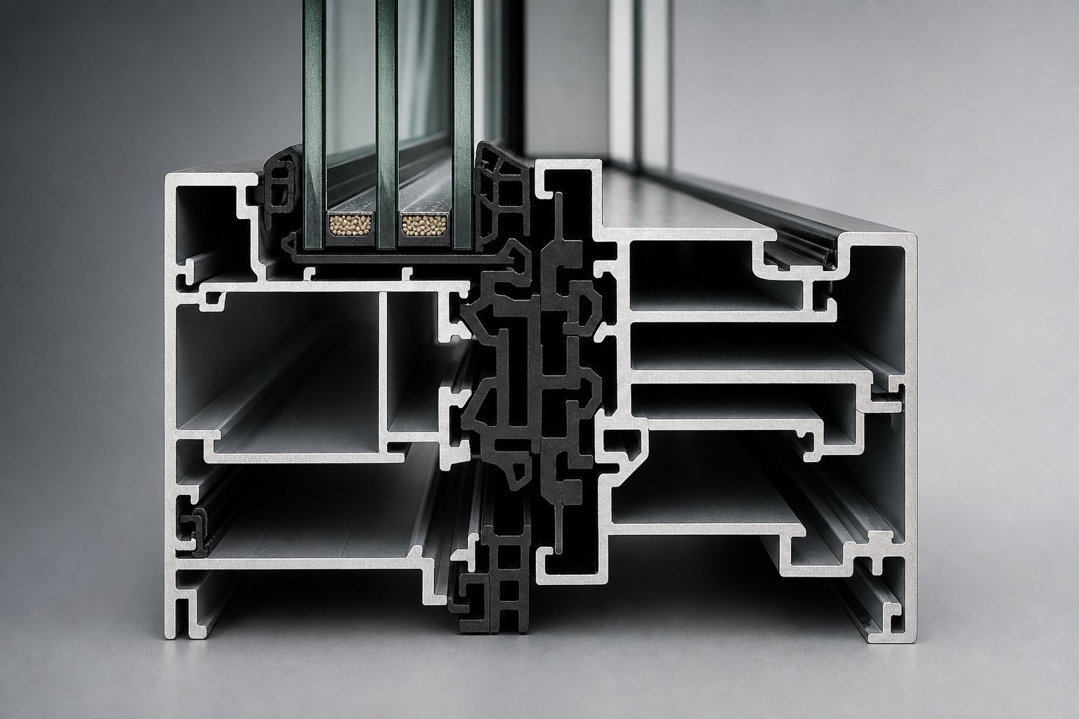 cross section of a thermally broken aluminium window profile showing the insulating barrier between interior and exterior sections