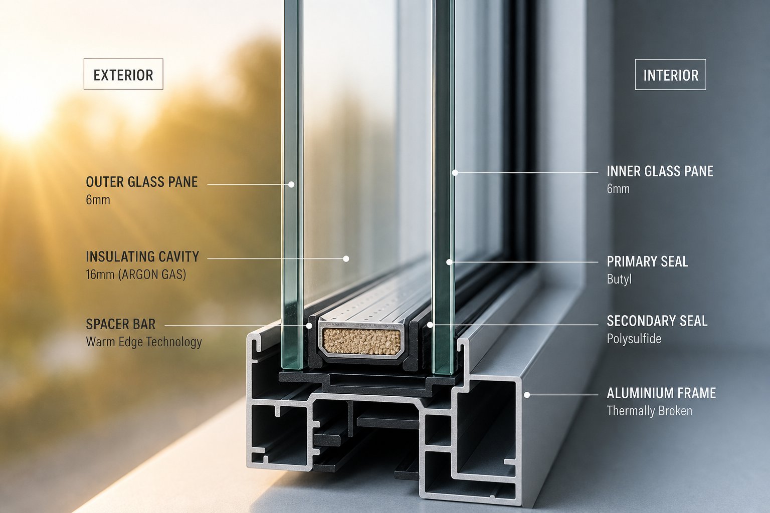 cross section view of a double glazed insulating glass unit showing the sealed cavity that reduces heat transfer