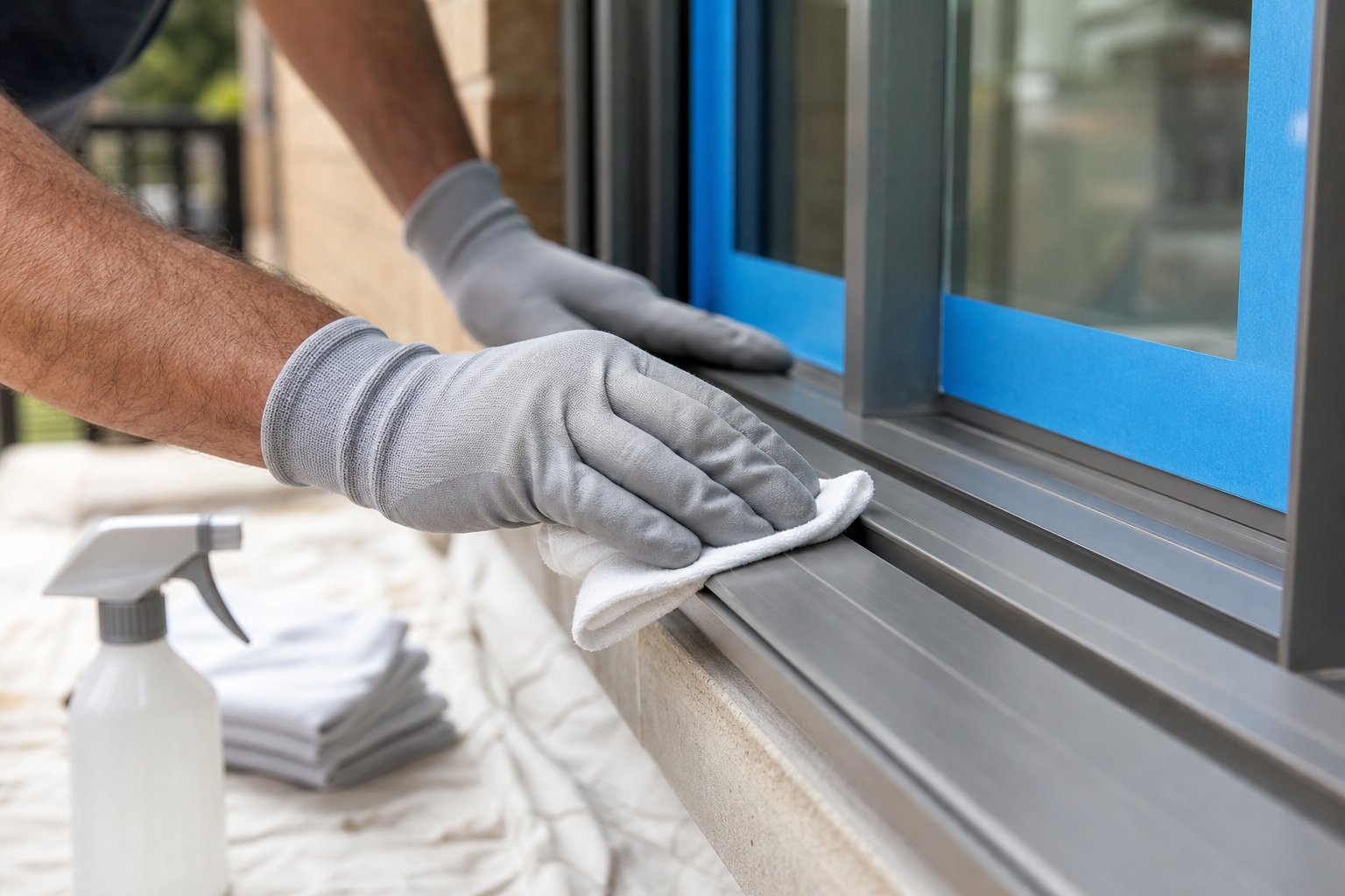 degreasing aluminium window frames with solvent on a lint free cloth to remove invisible contaminants before priming