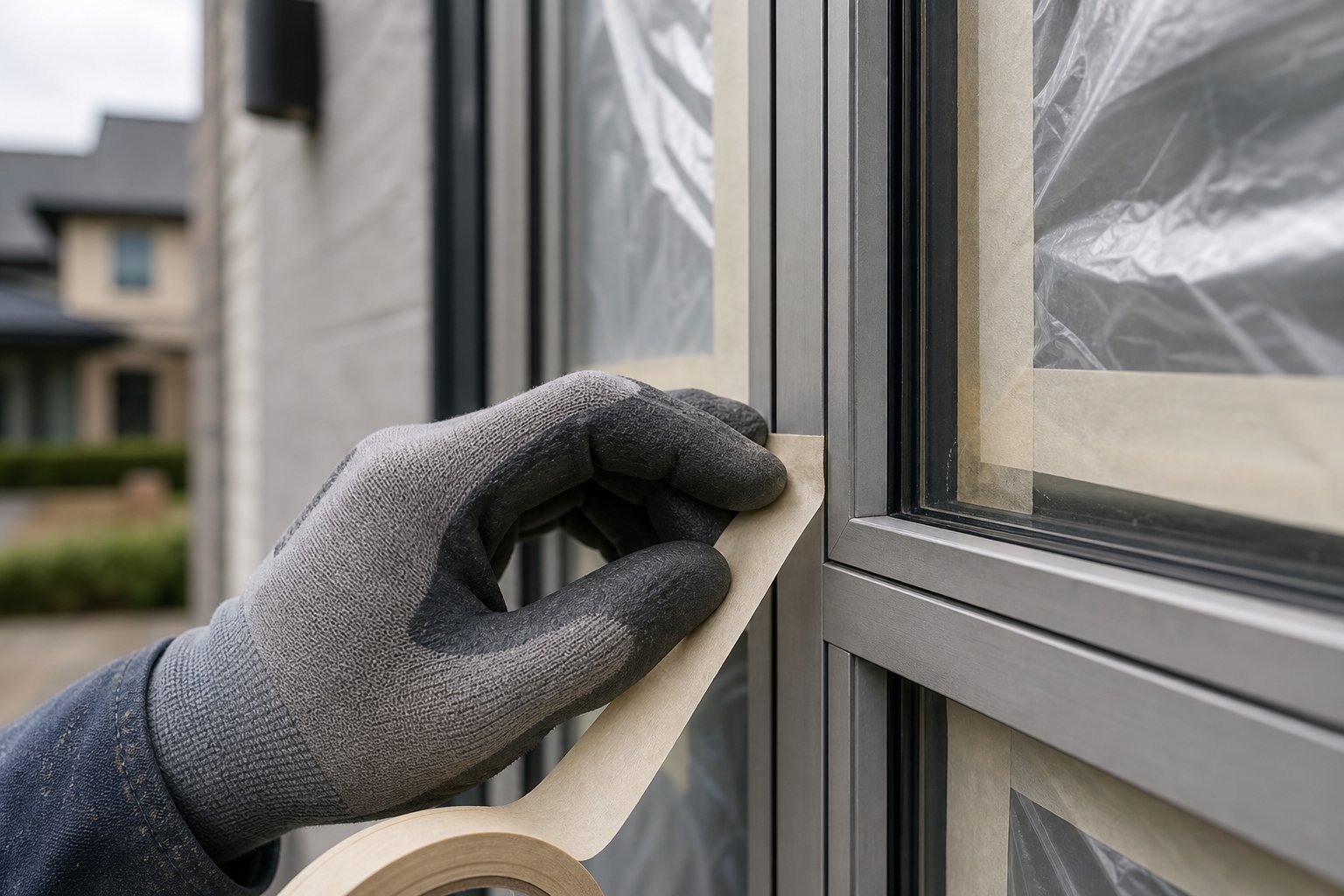 detailed masking work on a multi pane aluminium casement window highlighting the labour intensity that drives quote differences