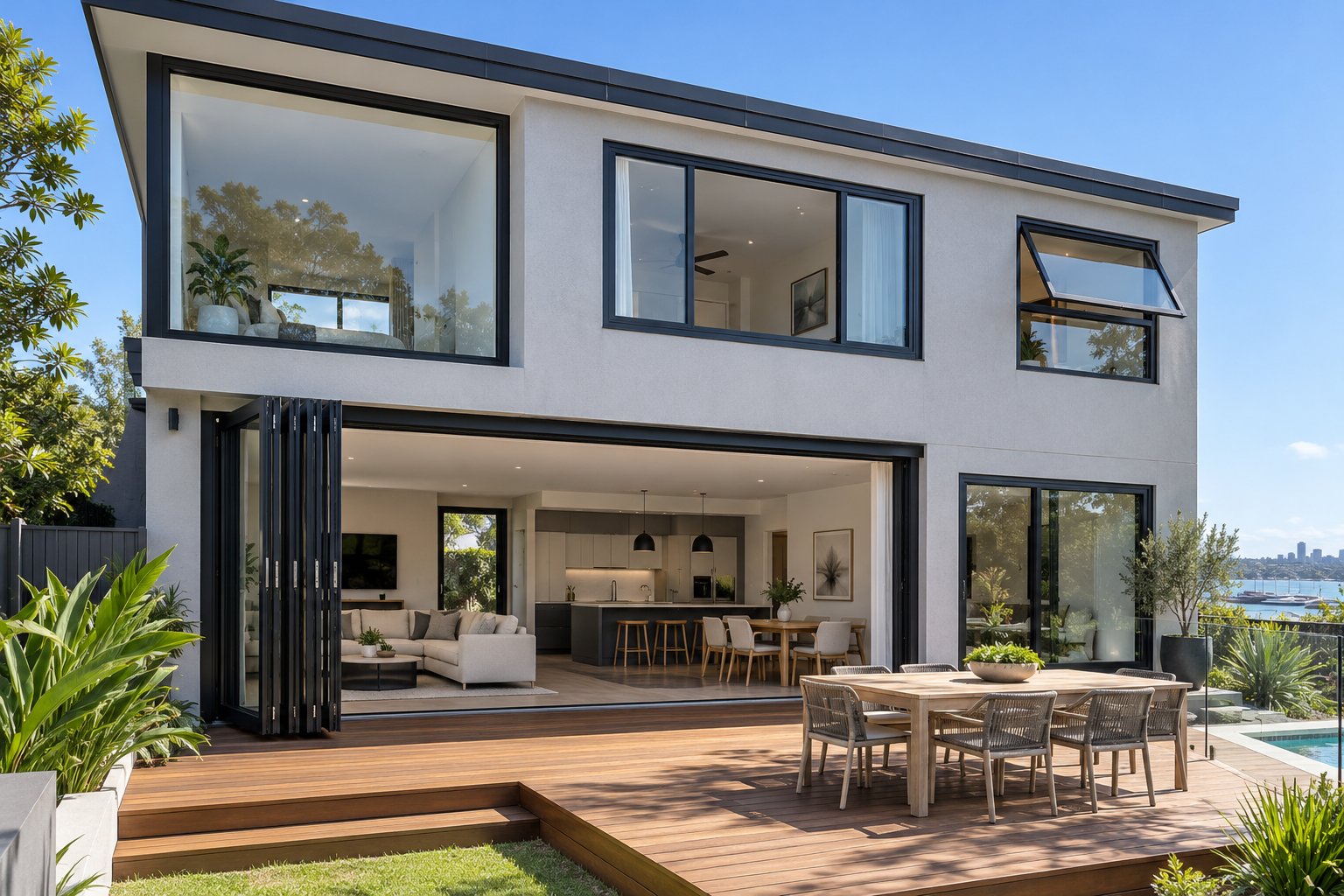 different aluminium window styles on a single facade showing fixed sliding awning and bifold configurations
