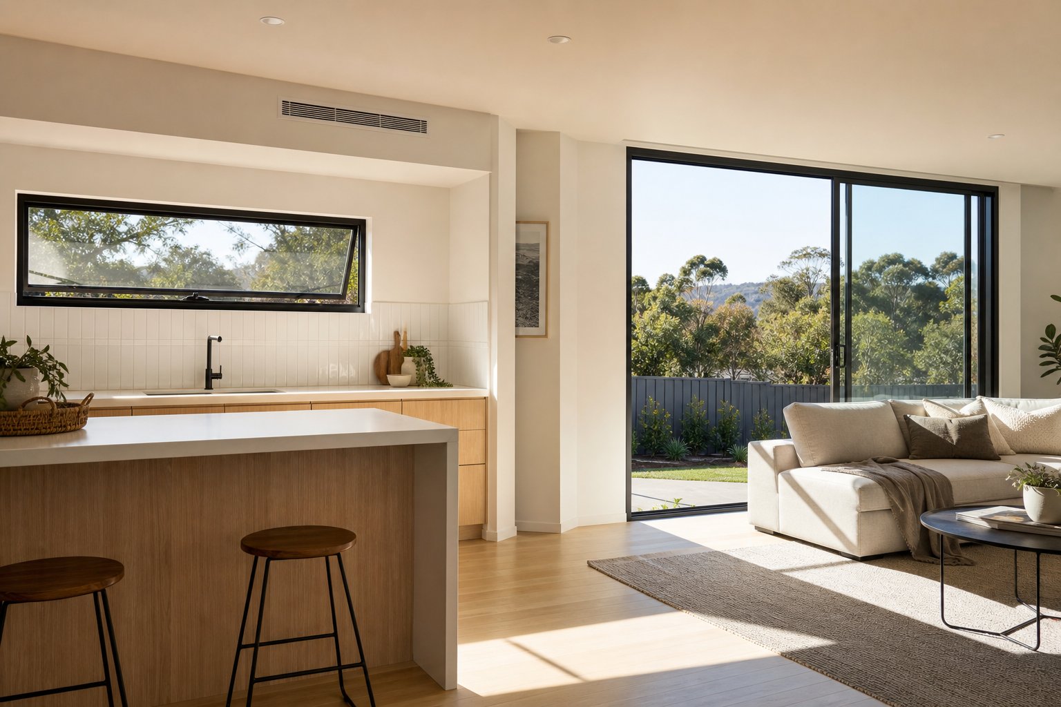 different standard aluminium window sizes selected to suit kitchen and living room requirements