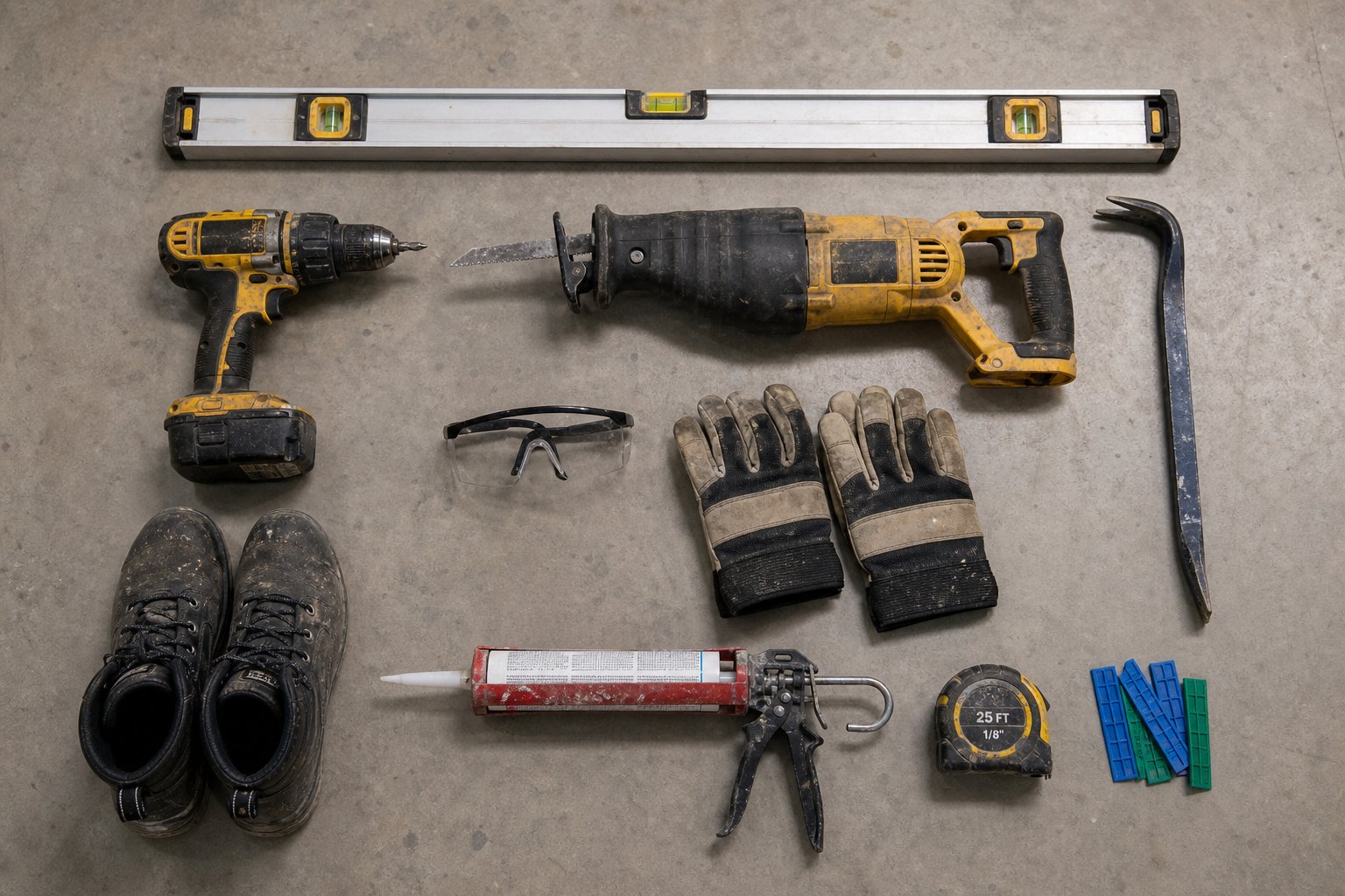 essential tools and safety gear laid out for aluminium window removal and installation