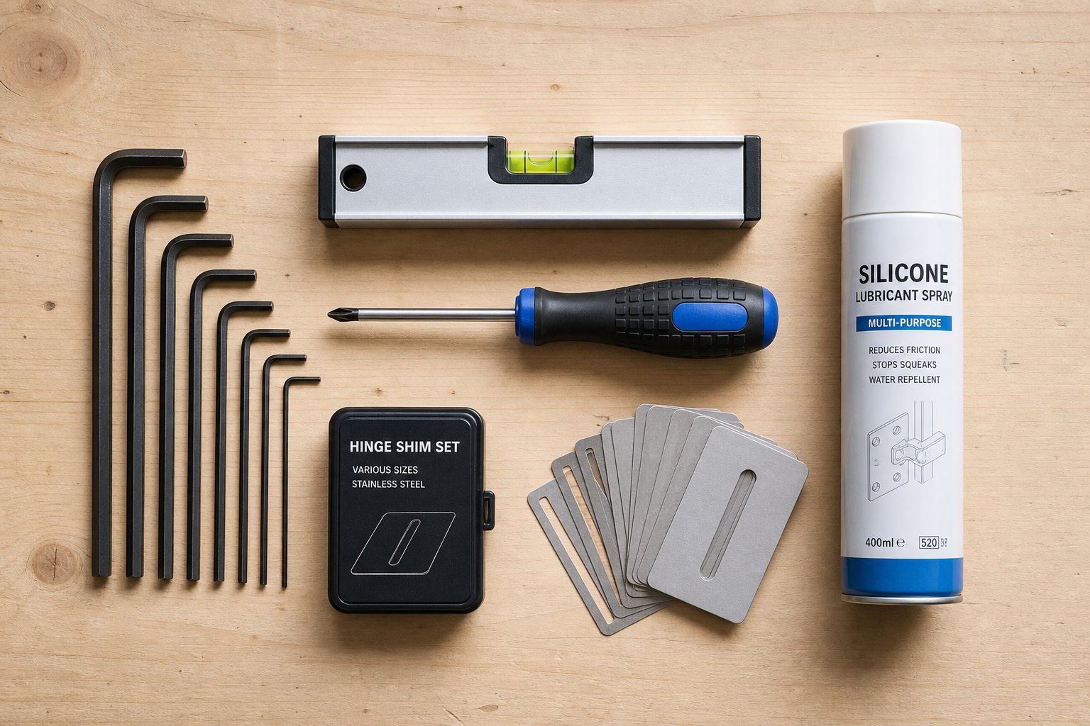 essential tools for aluminium door hinge adjustment including metric allen keys spirit level and silicone lubricant