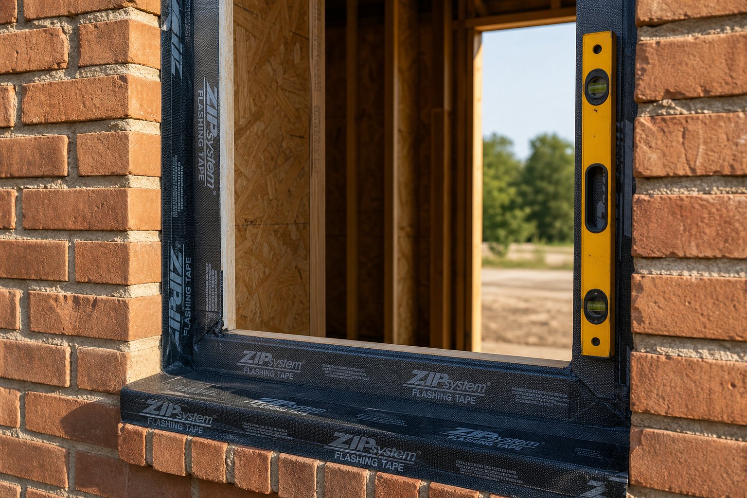 flashing tape applied to a window opening sill and jambs before new frame installation