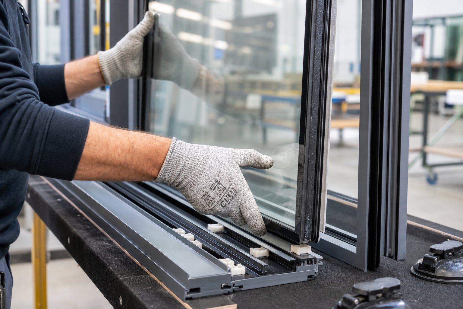 installing a double glazed panel into an aluminium frame with gaskets and glazing packers correctly positioned