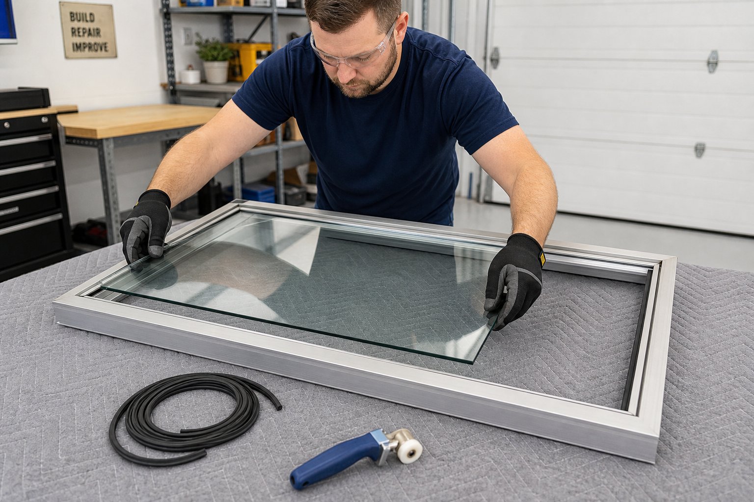 installing replacement glass into a clean aluminium frame channel with proper glazing bead sealing