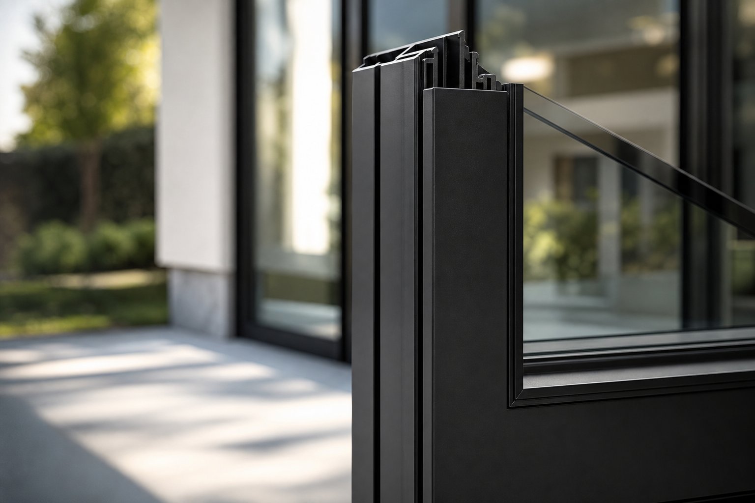 matte black powder coated aluminium frame profile showing the smooth chip resistant finish achieved through electrostatic application and oven curing