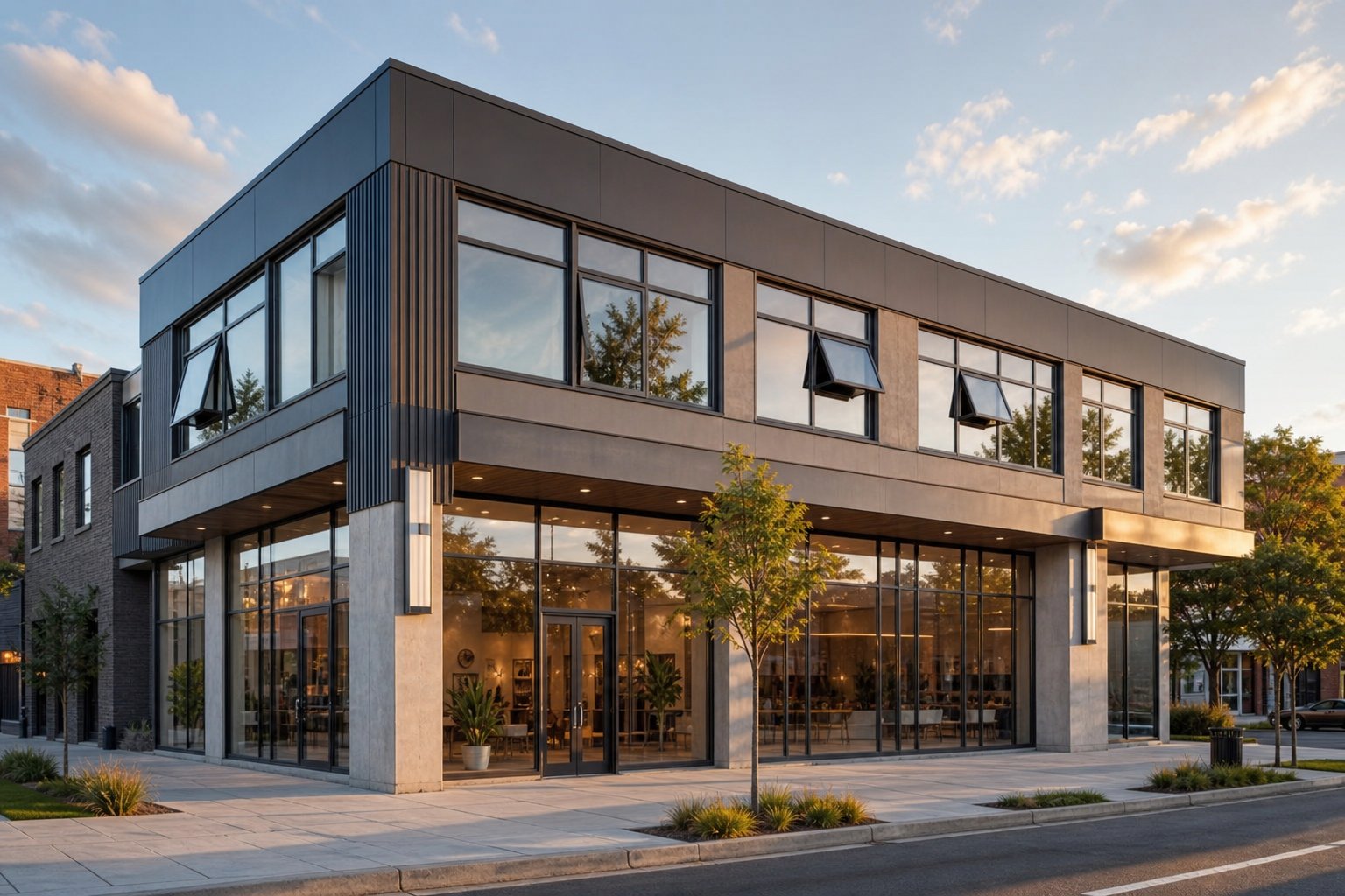 mixed use commercial facade combining aluminium storefront glazing with operable casement windows on upper levels